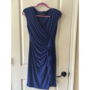 Black Label by Evan Picone Size 8 Blue Sheath Ruched Dress Career FLAW